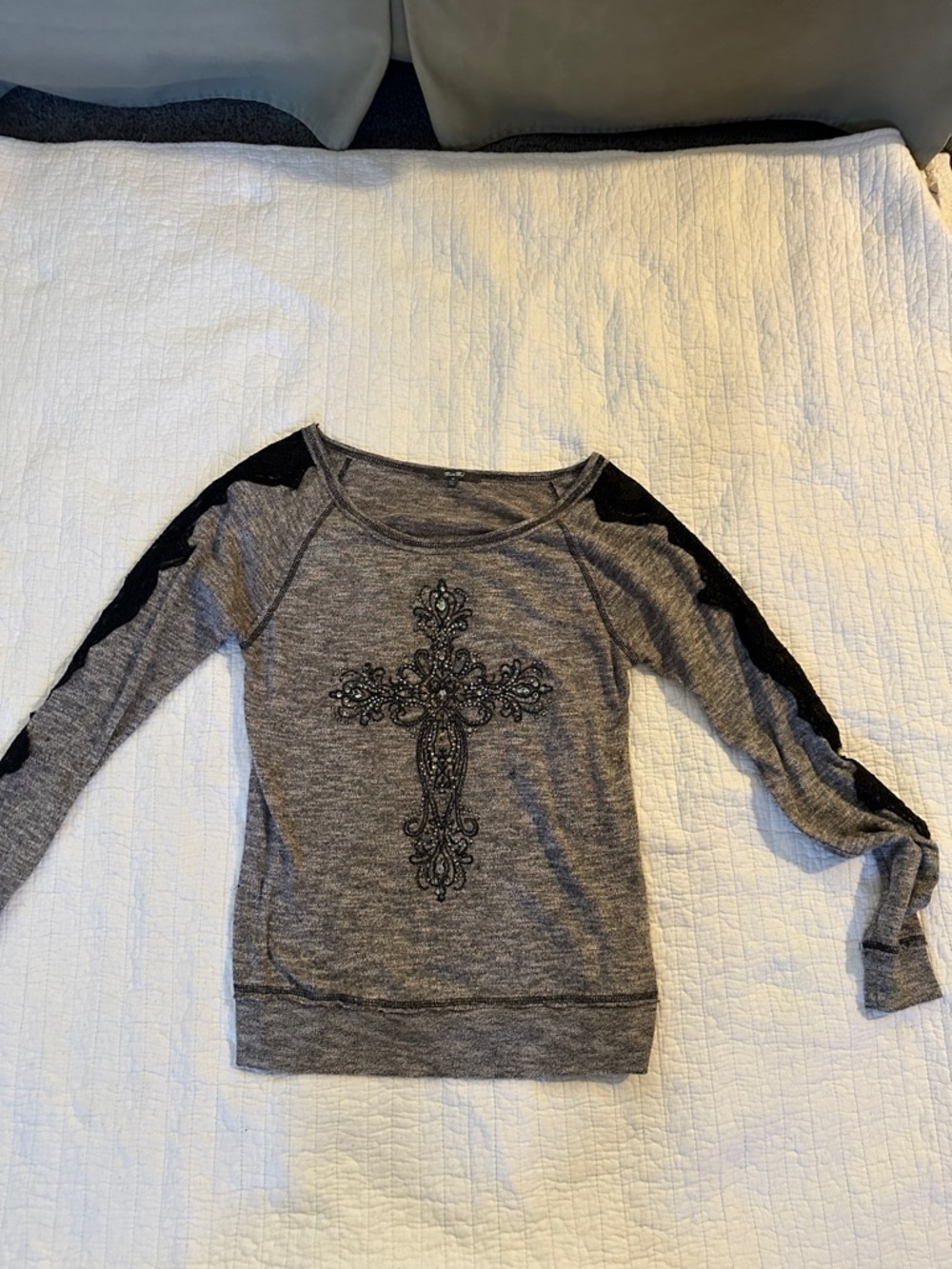 Miss Me Gray Long Sleeve Cross Embellished Tee